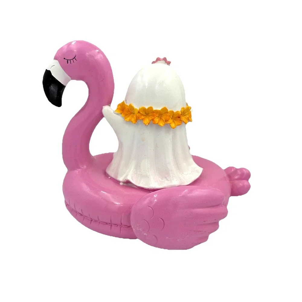 Ghost Figurine on Pink Flamingo Float Summer Halloween Decor Resin 9